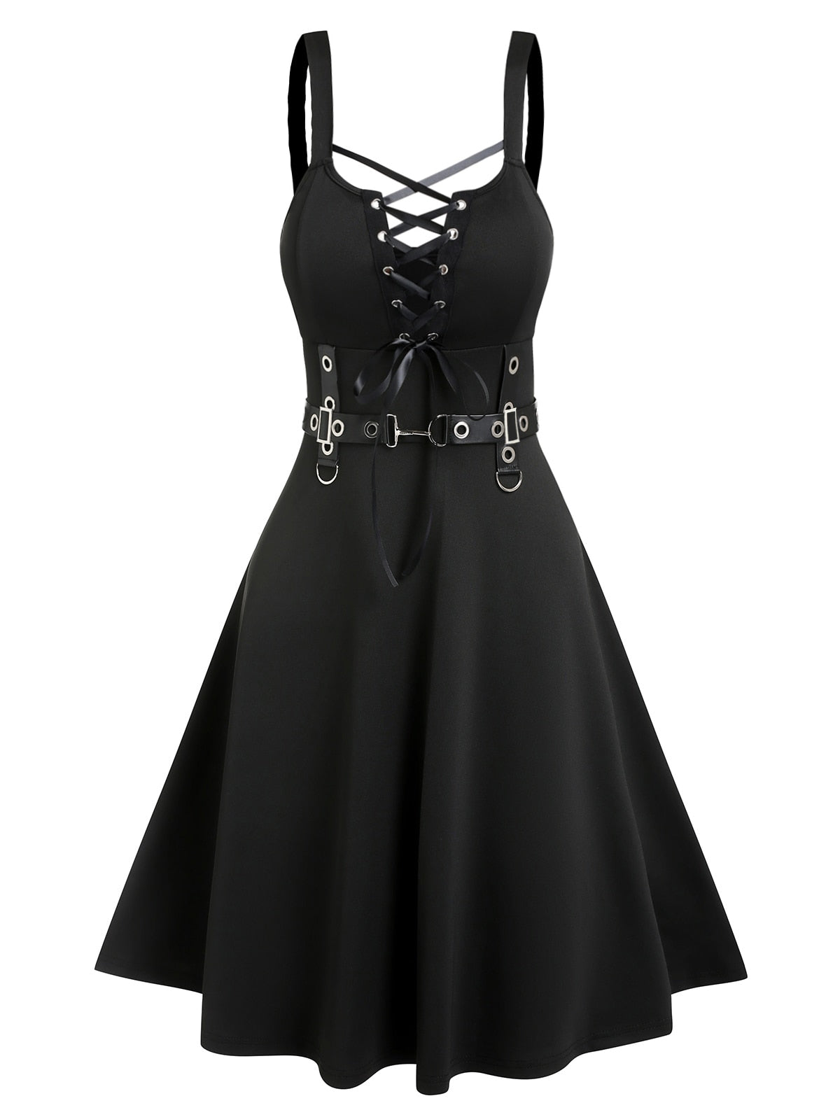 Lace Up Ruffle Straps Dress Sleeveless A Line Punk Style Knee Length Solid Black Dresses