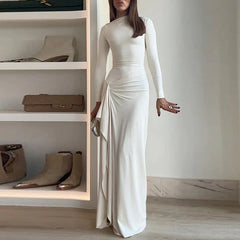 Elegant O-neck Draped Irregular Long Dress Women Causal Long Sleeve Solid Party Dress Fashion Hight Waist Slim Evening  Dresses