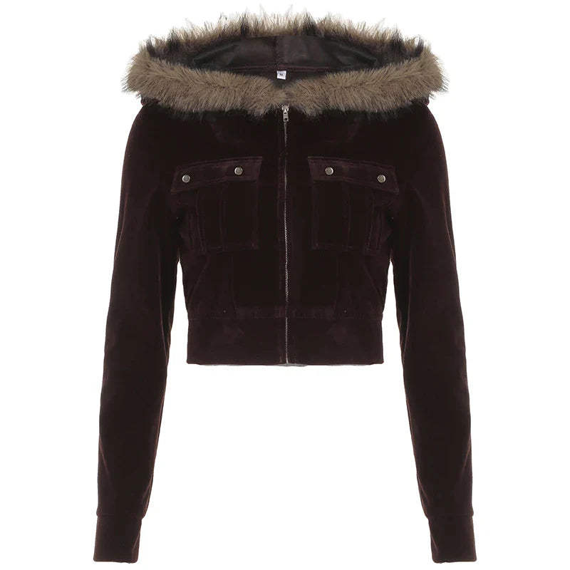 Autumn Trendy Velvet Short Women's Coat Zipper Faux Collar Hooded Simple All-Match Jackets Fashion New