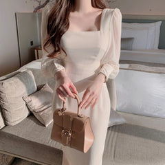 Korea Square Neck Bandage Trumpet Mermaid Chiffon Dresses for Women Elegant Puff Sleeve Solid Bodycon Dress Spring Clothing