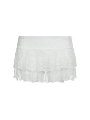 Black Solid Low Waist Tiered Lace Shorts Skirts Womens White Fairycore Micro Boho Skirt