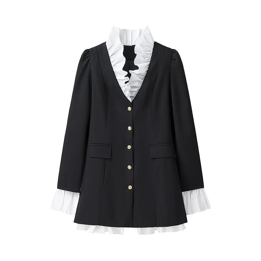 Fake Two Piece Elegant Spring Fall Women Dress 2025 New Ruffle Patchwork Single Breasted Short Dress Fashion Blazer's Dresses