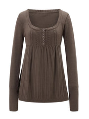Pbong  Women Autumn Knitted Tops Solid Color Long Sleeve Button Square Neck Tunic Sweaters Blouse