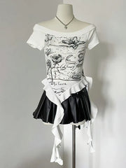 Y2k Print Vintage Off shoulder Short sleeve T Shirt Women Hip hop Basic Summer Crop Tops Streetwear Lady Tees Korean