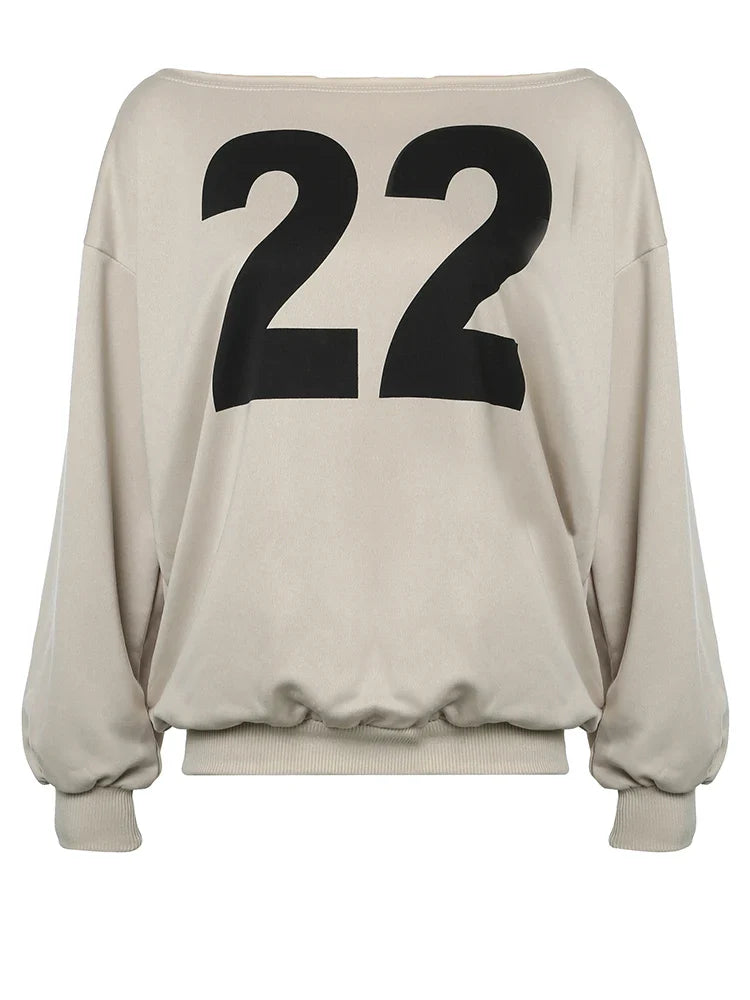 Figure Print Casual Loose Sweatshirts Women Autumn WInter New Fashion Off Shoulder Slash Neck Streetwear Pullovers