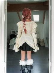 Japanese Gothic Harajuku Solid Sweet Bow Appliques Blouses Fashion V Neck Long Sleeve High Street Clothing Y2k Aesthetic Tee