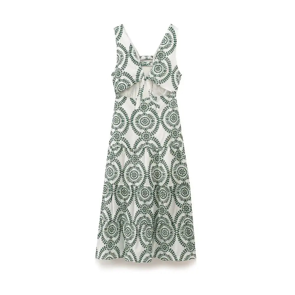 Embroidery Green Women Summer Short Dress 2025 New V-neck Sleeveless Long Dress Chic Fashion Backless Vacation Beach Vestidos