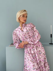 Floral Chiffon Pleated Women Long Dresses Blue Black Long Sleeve Summer Beach Dress Elegant Evening Party Maxi Dresses For Women