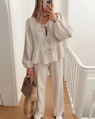 Leopard Print Women's 2-piece Pants Set Lace Up Lantern Sleeve O-neck Top Loose High Waist Pant  Spring Lady Casual Outfits