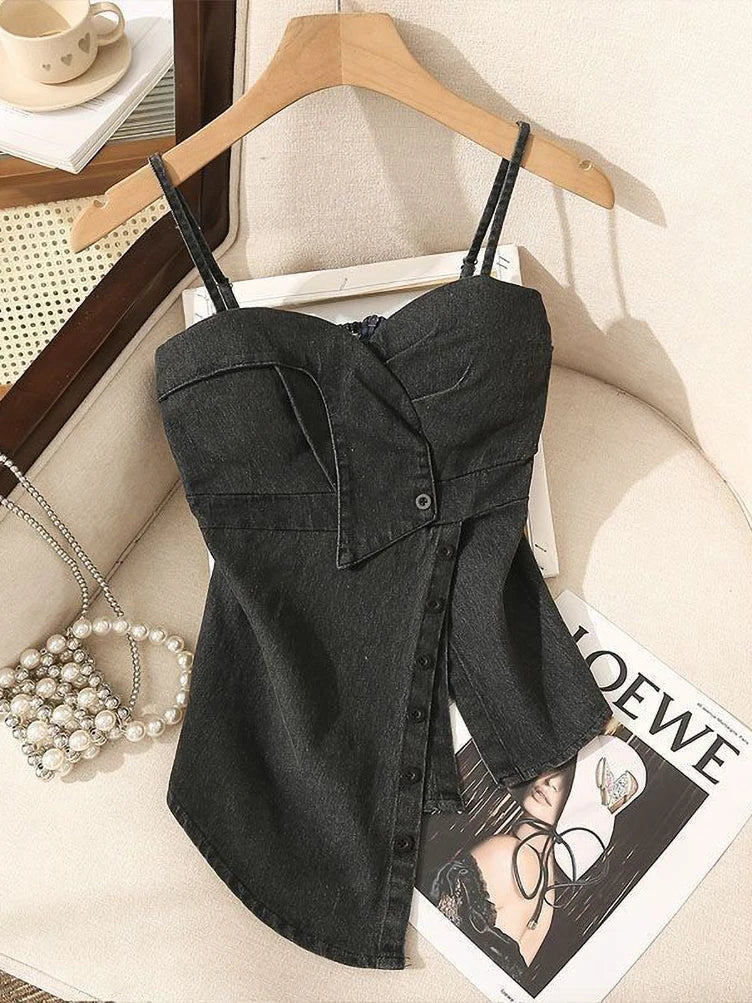Pbong  Coquette Comisoles Sleeveless Denim Tops Sexy Women Summer Jeans Tanks Crop Top Removable Strapless Cowboy Bustier Corset