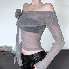 Flower Splice Mesh Shirts For Women Sexy See Through Slim Long Sleeve Crop Top Femme Club Party Fashion Shiny Shirt Lady
