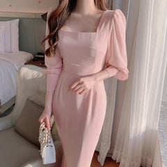 Korea Square Neck Bandage Trumpet Mermaid Chiffon Dresses for Women Elegant Puff Sleeve Solid Bodycon Dress Spring Clothing