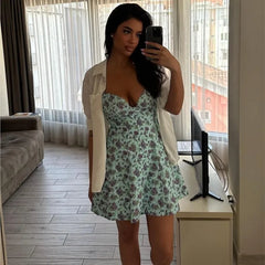 Fashion Floral Print Fashion French Slip Dress New V-neck A-line Short Dress For Summer Vacation Beach Chic Woman Clothing