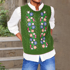 y2k Sweater Vest Women Cozy Stylish Flower Embroidered Crew Neck Sleeveless Knitted Tank Tops 2000s Clothing Streetwear