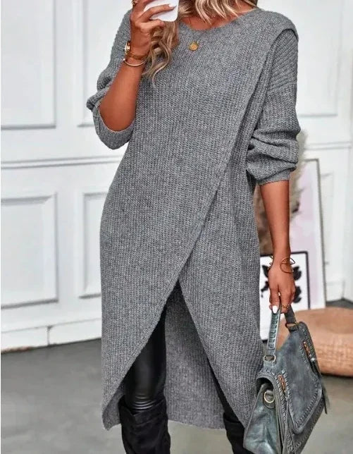 Long Knitted Sweater Women Gray Pullovers Autumn Winter Khaki Warm Fur Jumpers Maxi Y2k E-girl Jumper Work Sueter Mujer