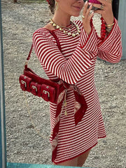 Pbong  Women Bodycon Knitted Dress Striped Round Neck Long Sleeve Casual Fall Short Dress