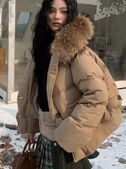 Women New Fall Winter Hooded Button Coat with Large Fur Collar Retro Office Christmas Fashion Jacket  Retro Commute Outfits New