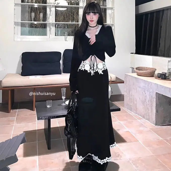 Gothic Harajuku Patchwork Lace V Neck Long Sleeve Tops Slim Fit Temperament Mermaid Long Skirts Y2k Vintage Girl Two Piece Sets