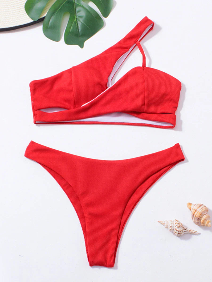 Rib One Shoulder Bikini Set Thong Swimsuit Women Solid Padded Swimwear Female Sexy Bathing Suit Swimming Summer Beachwear