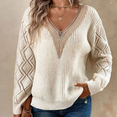 Pbong  Solid V Neck Knitted Sweater, Hollow Out Long Sleeve Casual Sweater For Fall Winter Women's Clothing
