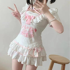 Harajuku Y2k Lolita Mini Skirt Women Bow Japanese Style Kawaii Pleated Skirts Sweet Dot Ruffles Cake Layered Skirts