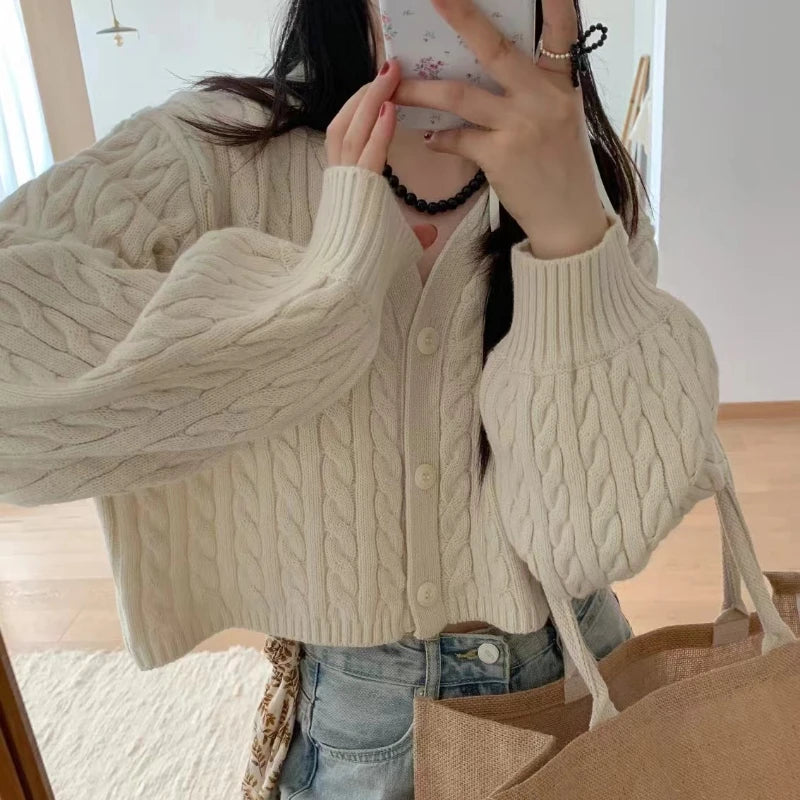 Cable Knit Cardigan for Women Long Sleeve Button-up Box-fit Crop Sweater Jacket Autumn Winter Teen-girl Y2K 90s Outfit