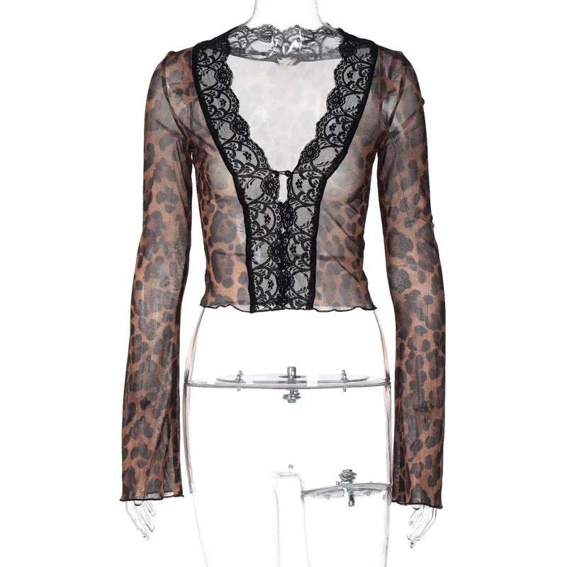 Lace Patchwork Leopard Print T-shirt Women Fashion Deep V Neck Long Sleeve Tops Sexy Printed Print Tee Shirts Elegant