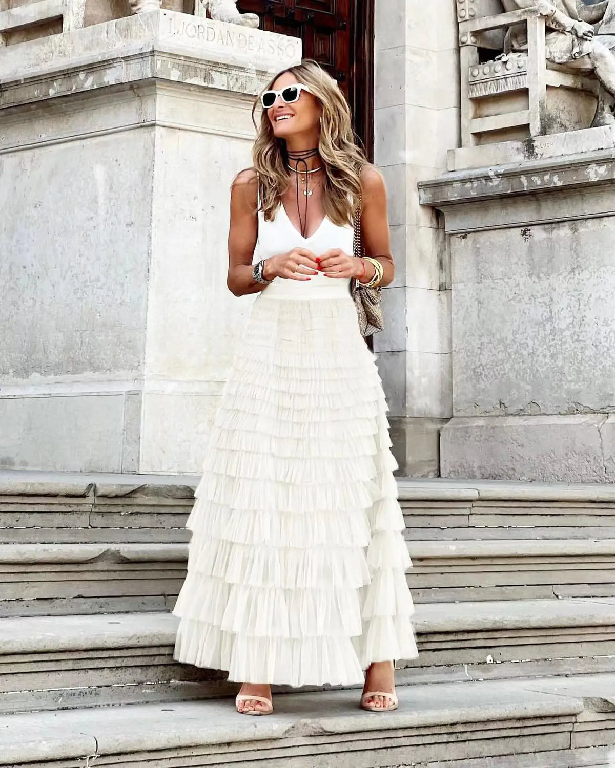 New Casual Womens Solid Ball Gown Long Skirt Tulle High Waist Pleated Elegant Ladies Wild Mesh Dating Maxi Skirts Drop