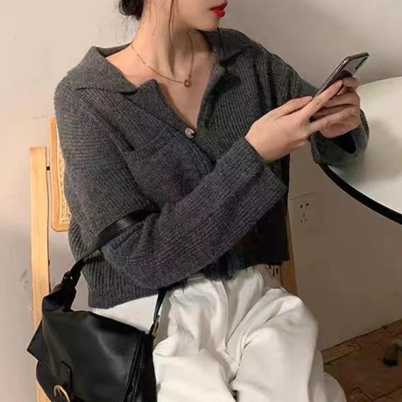 Women Crop Cardigan Collared Front Pocket Long Sleeve Button Down Sweater Jacket Cardi Female Autumn Winter Casual Chic
