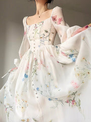 French Elegant Floral Midi Dress Chiffon Long Sleeve Evening Party Dress Woman Beach Fairy One Piece Dress Korean Summer