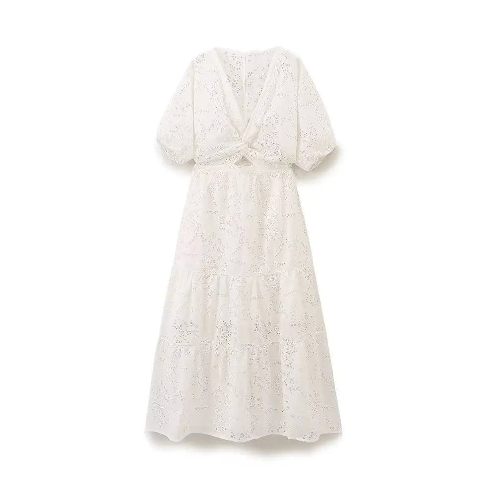 Fashion Hollow Out Embroidery Long Dress 2025 New V-neck Vacation Beach White Women Dress Fashion Chic Summer Female Clothing