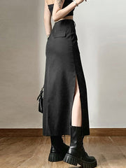 Goth Dark Grunge Casual Tag Split Women Midi Skirts Mall Gothic Punk High Raise Slim Long Skirt Y2k Sexy Fashion Streetwear
