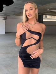 Kliou Patchwork Mini Dress Women Sexy Mesh One Shoulder High Waist Robe Girl Hot Bodycon Party Clubwear Female Midnight Skirt