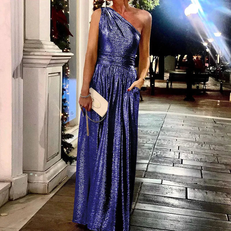 New Summer Holiday Solid Pocket Women Party Dress Loungewear Sleeveless Skew Collar Elegant Ladies Maxi Dress Streetwear Vestido
