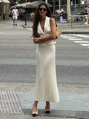 Folds Long Skirt Two Pieces Set Women's Notched Sleeveless Short Vest Top High Waist Solid Maxi Skirt Fashion Sets