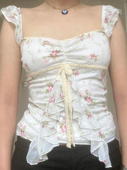 Floral Print Ruffles Prairie Chic Halter Tops Women Cute Sweet Bow Lace Up Causal Gentle Women Camisole Shirts