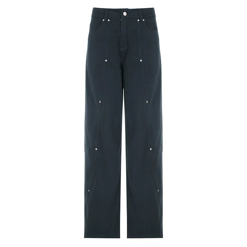 Pbong  Women's Casual Loose Rivet Wide Leg Jeans Basic Low-Waisted Straight Pants Streetwear Ladies Trousers