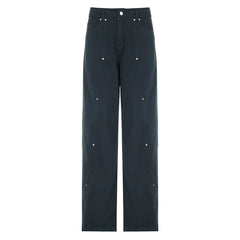 Pbong  Women's Casual Loose Rivet Wide Leg Jeans Basic Low-Waisted Straight Pants Streetwear Ladies Trousers