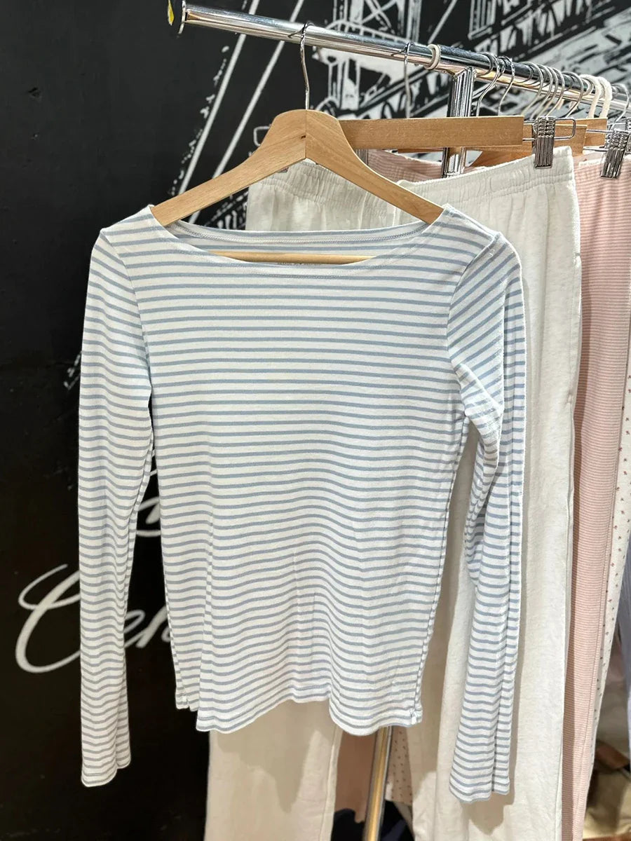 Vintage Brown Striped Slim T-shirts Women 2024 Summer Y2k Streetwear Round Neck Long Sleeve T Shirt Harajuku Casual Cotton Tops