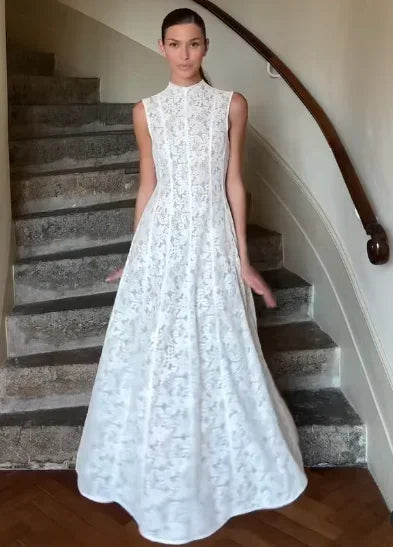 Fashion Women Stand Collar Lace Printed Maxi Dress Elegant White Sleeveless Slim A-line Pleated Vestdios Chic Party Evening Robe