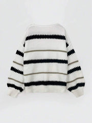 Casual contrasting striped round neck long sleeved women's knitted sweater