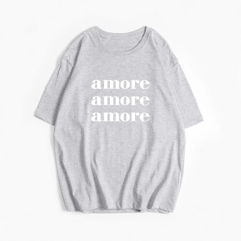 Fashion Red Amore Letter Print Summer T-shirts Cotton Short Sleeve Casual Summer Top 2025 New Loose Streetwear Women Tee