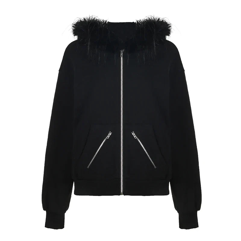Causal Streetwear Punk Zipper Hooded Sweats Women's Autumn Winter Trendy Meal Style Sweatershirts Chic