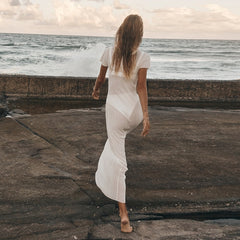 White Knitted Beach Dress Women Summer Short Sleeve Sexy See Through Bodycon Maxi Dress Club Party Long Dress Cover-Ups