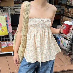 Y2k Elastic Bust Strapless Flowy Camisole Floral Graphic Print Tube Tops Fairycore Sweet Cute Off Shoulder Backless BabydollVest