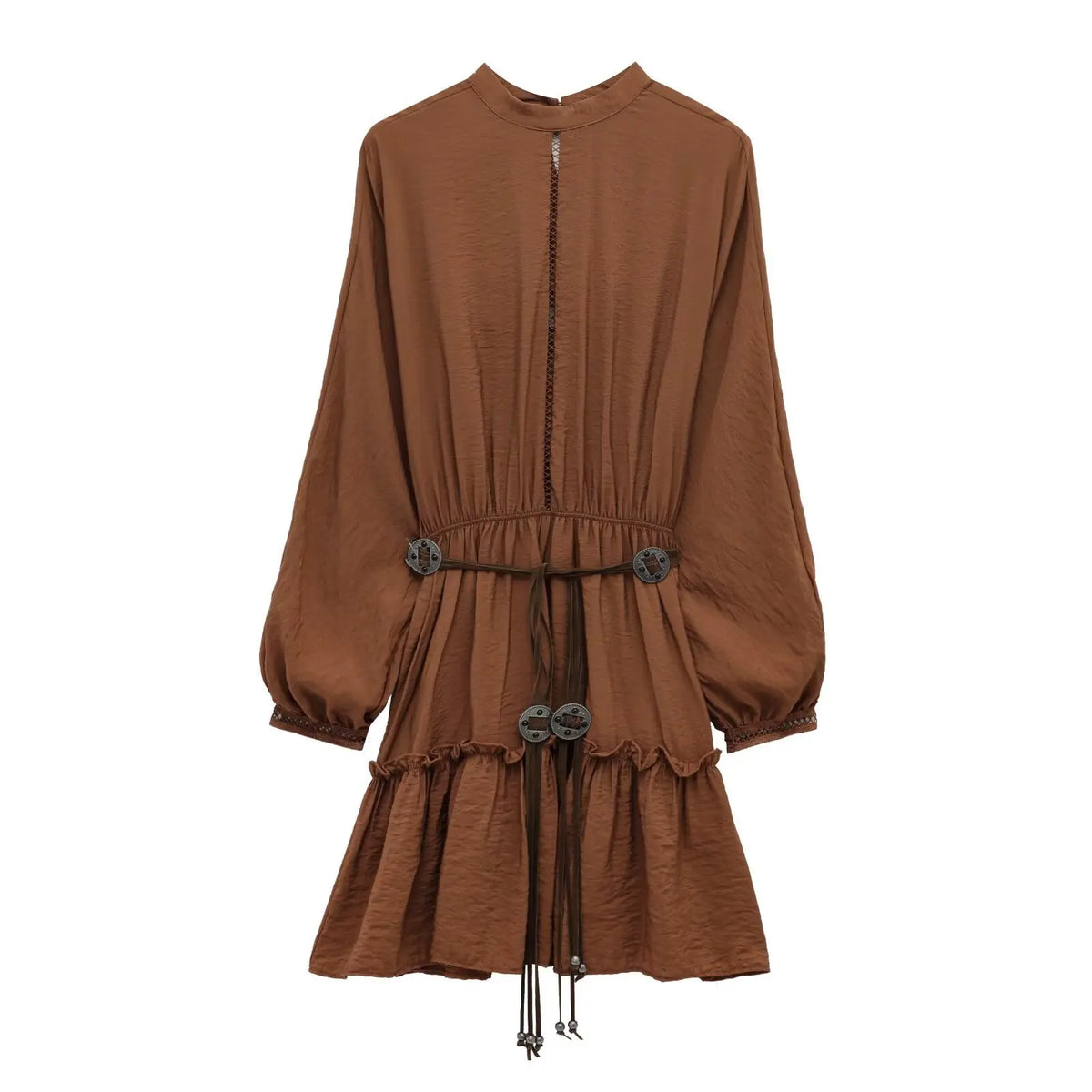 Lantern Sleeve Brown Vintage Short Dress Ruffle Spring Summer Women Dress With Belt Hollow Out Loose Fashion Vestidos New