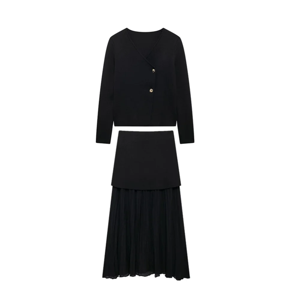 Autumn New Women's Clothing Style Slimming Asymmetric Design Knitted Coat Small Folded Splicing Skirt Set