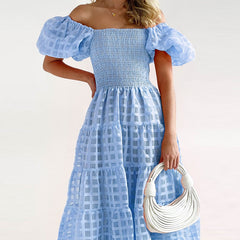 Women Slim Pleat Temperament Party Dress Fashion Chic Hollow Out Check Pattern Dress Ladies Square Collar Puff Sleeve Maxi Dress