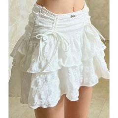 French Style White Mini Skirts Holiday Casual Kawaii High Waist A-line Skirt Sweet Girl Kpop Y2k Skirt for Women Summer