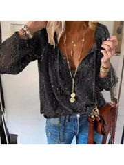 Women's Retro Ethnic V-Neck Lace Chiffon Shirt Casual Loose Office Top Spring Fashion Ladies Tops